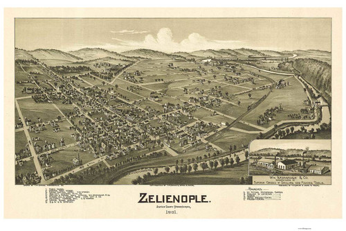Zeleinople, Pennsylvania 1901 Bird's Eye View - Old Map Reprint