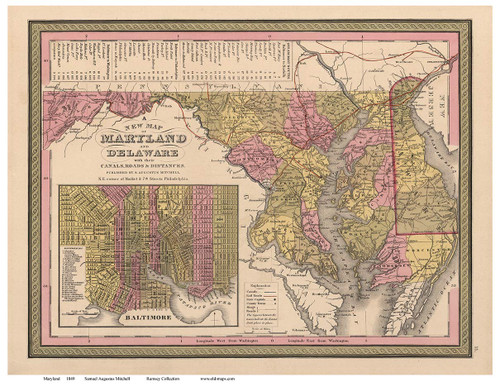 Maryland 1849 Mitchell - Old State Map Reprint