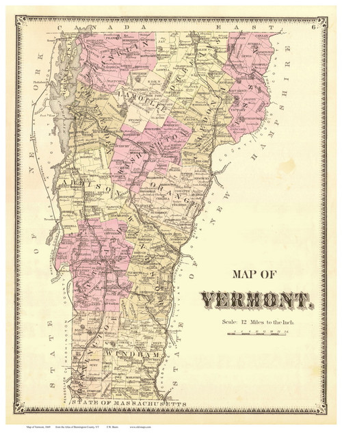 Vermont State Map 1869 - from the Bennington Co. Beers Atlas - Old Map Reprint