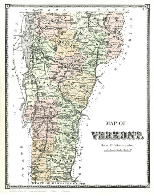 Vermont State Map 1869 - from the Rutland Co. Beers Atlas - Old Map Reprint
