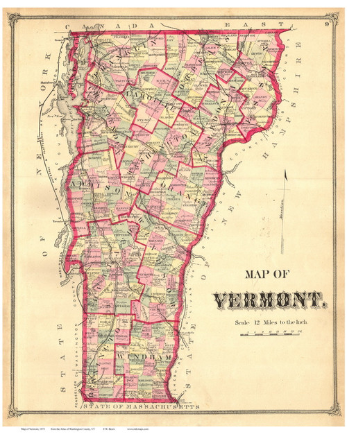 Vermont State Map 1873 - from the Washington Co. Beers Atlas - Old Map Reprint