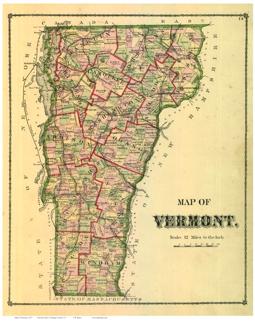 Vermont State Map 1877 - from the Orange Co. Beers Atlas - Old Map Reprint