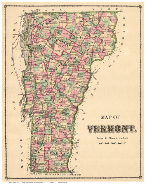 Vermont State Map 1878 - from the Lamoille & Orleans Co. Beers Atlas - Old Map Reprint