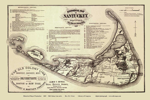 Historical Map of Nantucket 1869 Old Colony Line Rev. R.C. Ewer - Old Map Reprint 1-Town