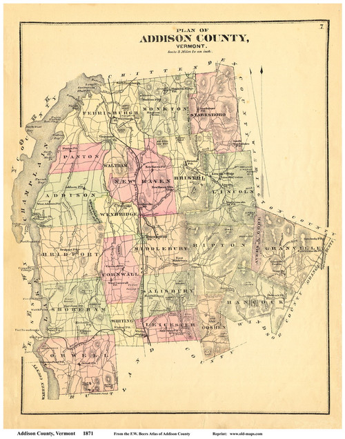Addison County Vermont 1871 - F.W. Beers - Old Map Reprint - VT County Other