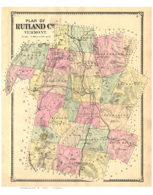 Rutland County Vermont 1869 - F.W. Beers - Old Map Reprint - VT County Other