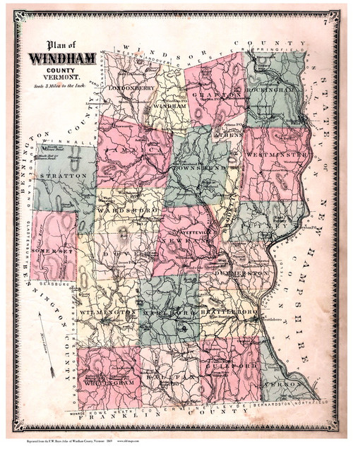Windham County Vermont 1869 - F.W. Beers - Old Map Reprint - VT County Other