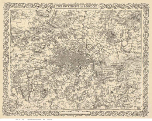 Old Map of London 1855 Colton BW - Old Map Reprint