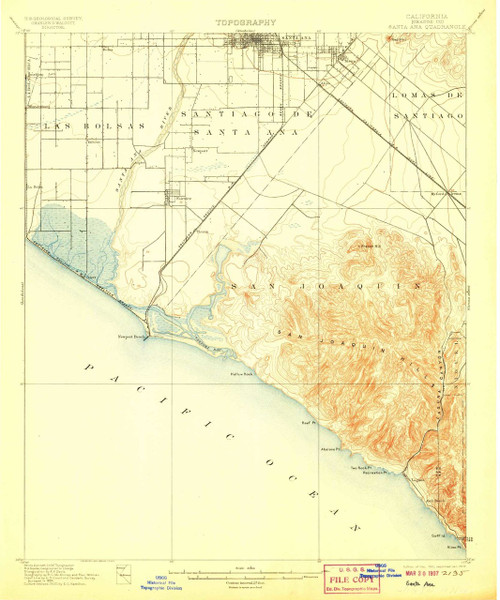 Santa Ana, California 1901 (1907) USGS Old Topo Map 15x15 Quad