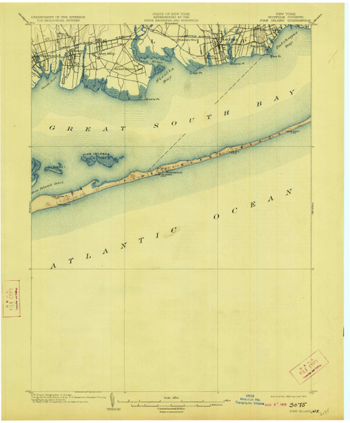 Fire Island, New York 1903 (1923) USGS Old Topo Map 15x15 Quad