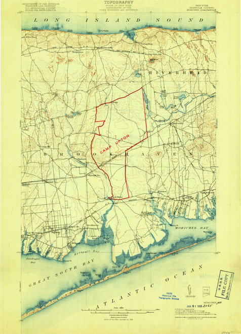 Moriches, New York 1904 (1918a) USGS Old Topo Map 15x15 Quad
