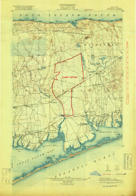 Moriches, New York 1904 (1918b) USGS Old Topo Map 15x15 Quad