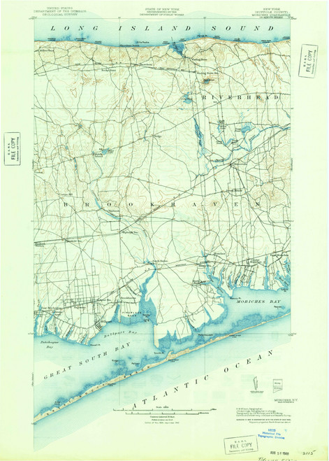 Moriches, New York 1904 (1942a) USGS Old Topo Map 15x15 Quad