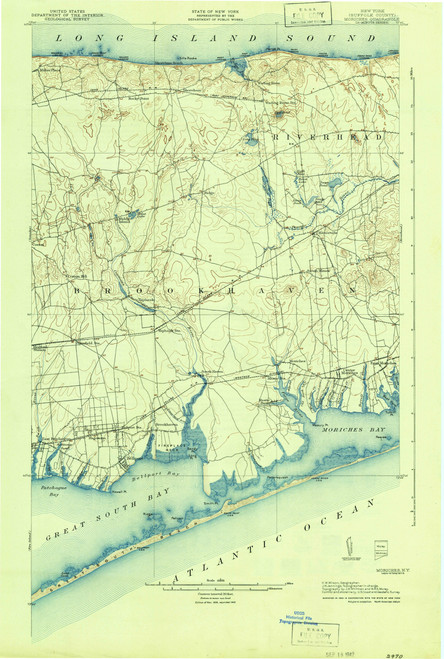 Moriches, New York 1904 (1942b) USGS Old Topo Map 15x15 Quad