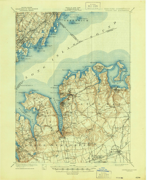 Oyster Bay, New York 1900 (1944) USGS Old Topo Map 15x15 Quad