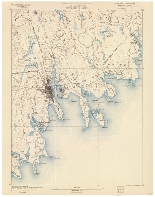 New Bedford, MA 1890 USGS Old Topo Map 15x15 Quad RSY