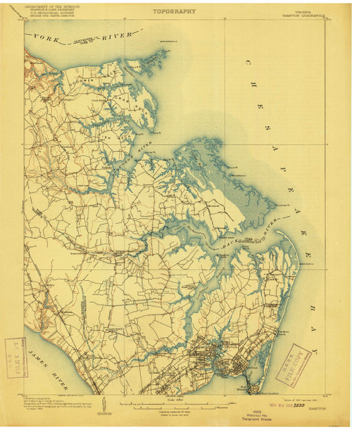 Hampton, Virginia 1907 (1916) USGS Old Topo Map 15x15 Quad