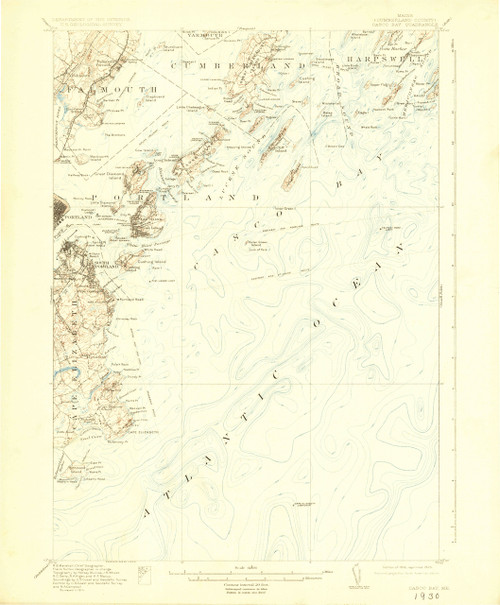 Casco Bay, Maine 1916 (1925 a) USGS Old Topo Map 15x15 Quad