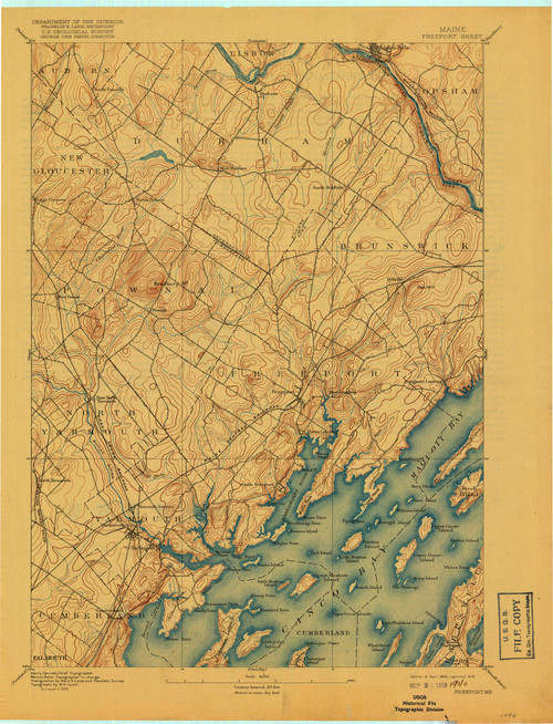 Freeport, Maine 1892 (1918) USGS Old Topo Map 15x15 Quad