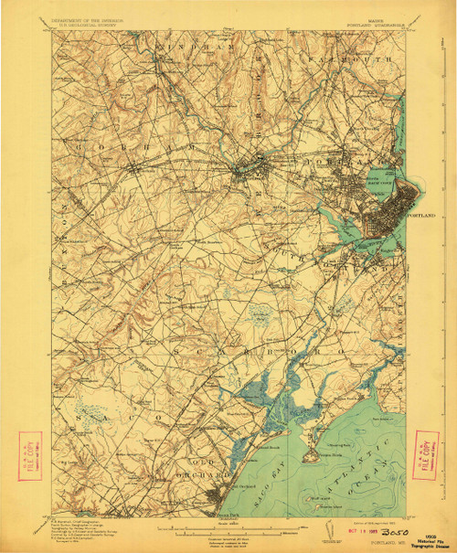 Portland, Maine 1916 (1923) USGS Old Topo Map 15x15 Quad