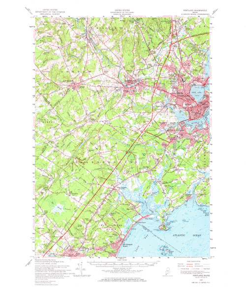 Portland, Maine 1957 (1967) USGS Old Topo Map 15x15 Quad
