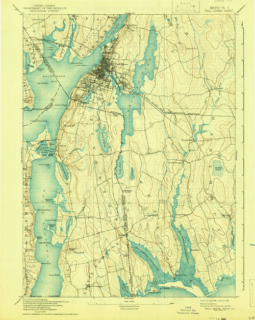 Fall River, Massachusetts 1893 (1941) USGS Old Topo Map 15x15 Quad