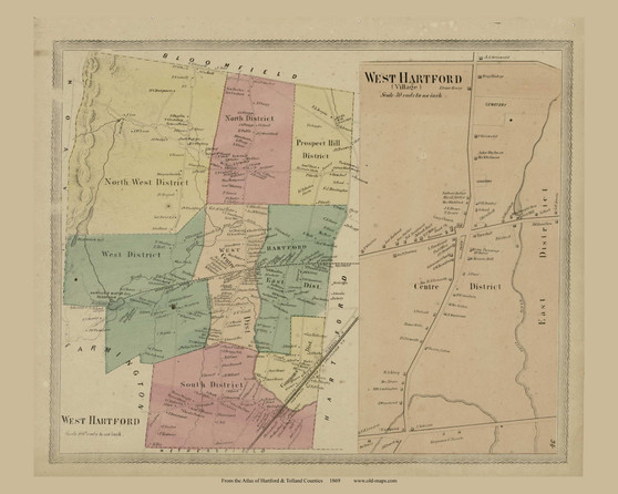 West Hartford, Connecticut 1869 Hartford Co. - Old Map Reprint