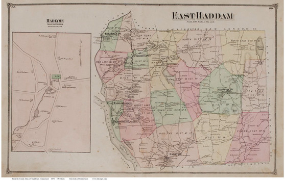 East Haddam Town and Hadlyme Village, Connecticut 1874 Old Town Map Reprint - Middlesex Co.