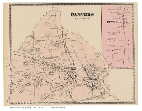 Danvers, Putnumville, Massachusetts 1872 Old Town Map Reprint - Essex Co.