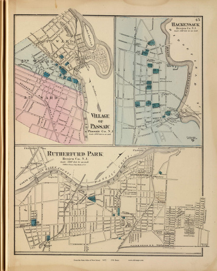 Passaic Village, Hackensack, and Rutherford Park, New Jersey 1872 Old Town Map Reprint - State Atlas