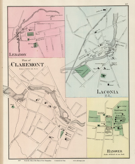 Claremont, Laconia, Lebanon, and Hanover, New Hampshire 1877 Old Map Reprint - Comstock & Cline State Atlas - Sullivan Co.