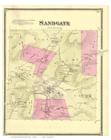 Sandgate, Vermont 1869 Old Town Map Reprint - Bennington Co.