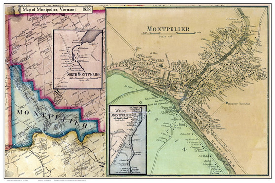 Montpelier Poster Map, 1858 Old Town Map Custom Print - Washington Co. VT