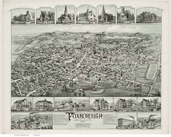 Foxborough, Massachusetts 1888 Bird's Eye View - Old Map Reprint BPL