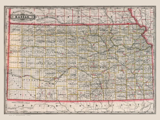 Kansas 1885 Cram - Old State Map Reprint