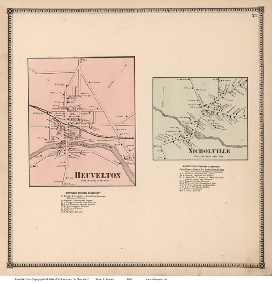 Heuvelton and Nicholville Villages, New York 1865 - Old Town Map Reprint - St. Lawrence Co. Atlas