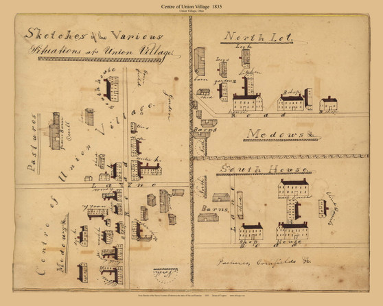 Union Village, Ohio - Centre of Union Village, North Lot & South House 1835 Old Map Reprint - Shaker Villages USA Regional