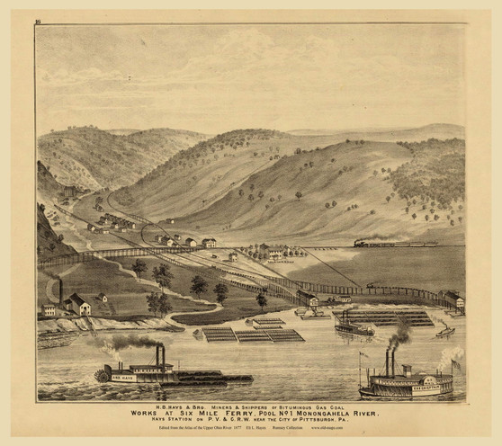 Works at Six Mile Ferry, Pool No. 1 Monongahela River, 1877 - Upper Ohio River and Valley Atlas - Old Map Custom Reprint - USA Regional 16