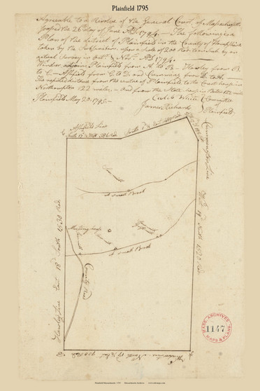 Plainfield, Massachusetts 1795 Old Town Map Reprint - Roads Place Names  Massachusetts Archives