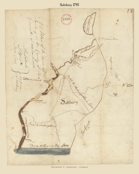 Salisbury, Massachusetts 1795 Old Town Map Reprint - Roads Place Names  Massachusetts Archives