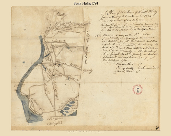 South Hadley, Massachusetts 1794 Old Town Map Reprint - Roads Place Names  Massachusetts Archives