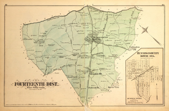 District No. 14 - Huntington City and Bowie Station (inset), Glendale, Seabrook Station, etc., Maryland 1879 Old Map Reprint - Prince George Co. (Montgomery MD Atlas)