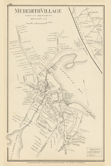 Meredith Village, New Hampshire 1892 Old Town Map Reprint - Hurd State Atlas Belknap