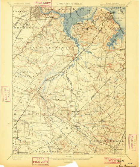 New Brunswick, New Jersey 1901 USGS Old Topo Map 15x15 NJ Quad