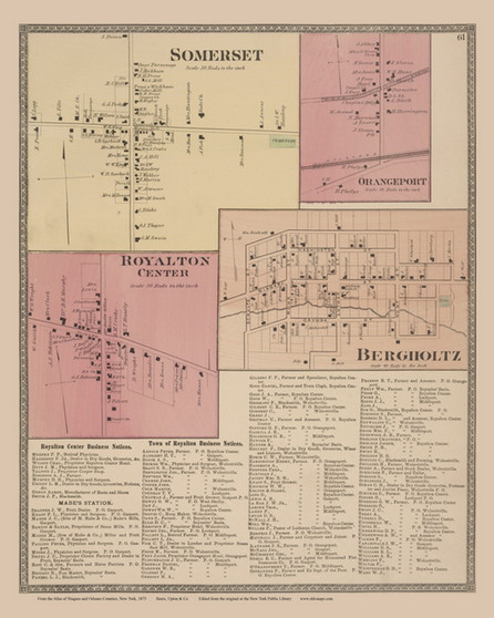 Somerset, Orangeport, Royalton Center, Bergholtz #61, New York 1875 Old Map Reprint - Niagra & Orleans Cos.