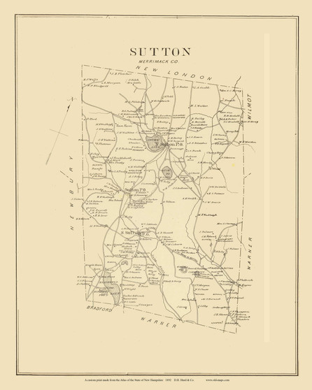 Sutton Town Custom, New Hampshire 1892 Old Town Map Reprint - Hurd State Atlas Merrimack