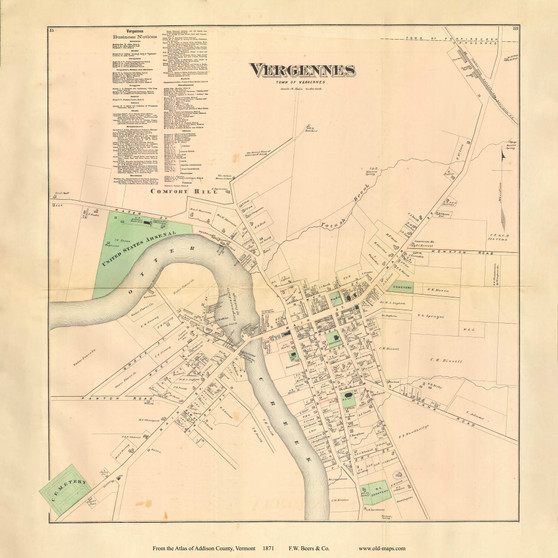 Vergennes Village, Vermont 1871 Old Town Map Reprint - Addison Co. 15-18