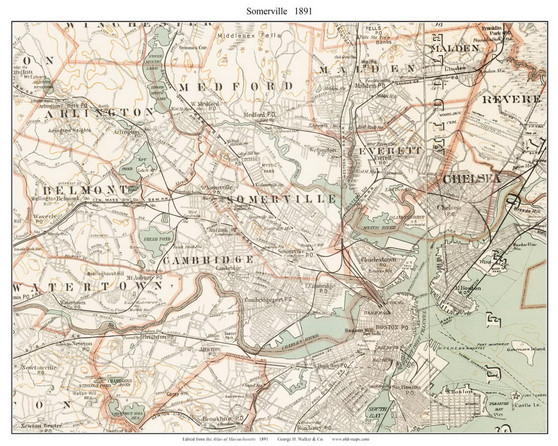 Somerville, 1891 - Old Town Map Reprint - Middlesex Co. - 1891 Atlas of Massachusetts