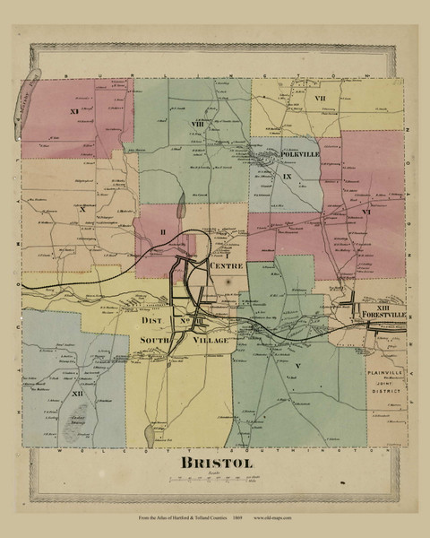 Bristol, Connecticut 1869 Hartford Co. - Old Map Reprint