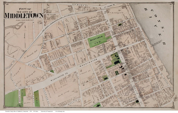 Middletown City Closeup Part 2, Connecticut 1874 Old Town Map Reprint - Middlesex Co.